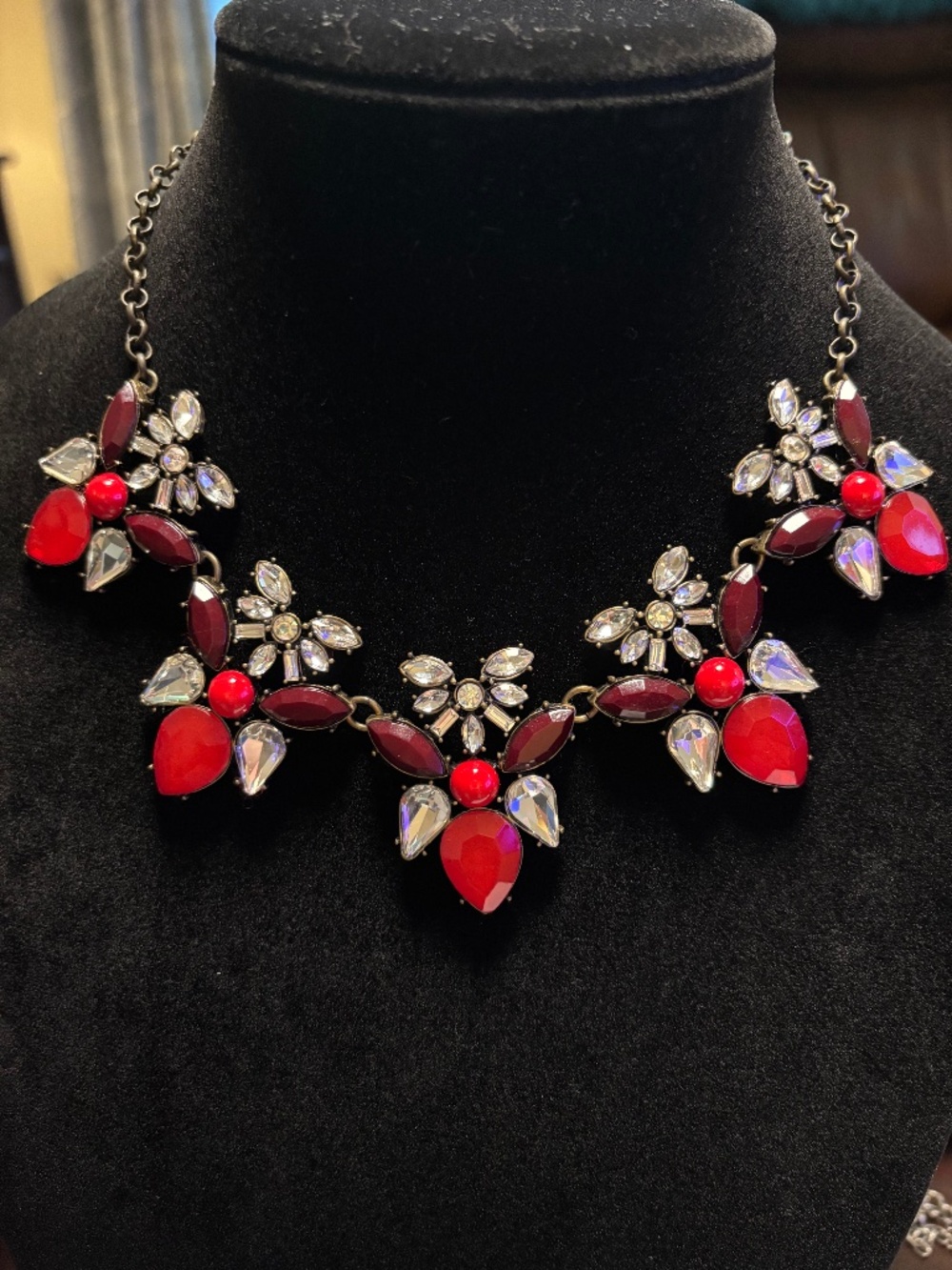 Talbots Red Burgundy Floral Crystal Statement Necklace Adjustable Bib Necklace
